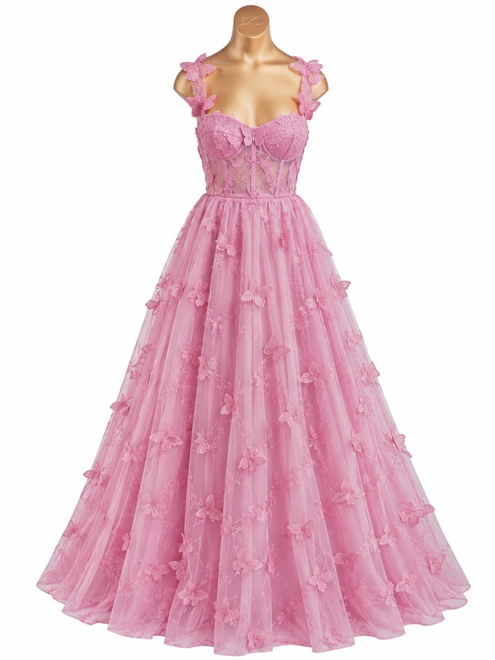 NEW Elegant Pink Floral Butterfly 🦋 Appliqué Ball Gown Dress